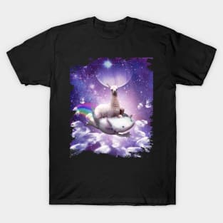 Space Llama Riding Axolotl - Rainbow T-Shirt